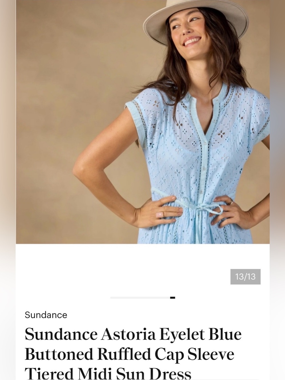 Sundance Astoria Eyelet Blue Buttoned Ruffled Cap Sleeve Tiered Midi Sun Dress